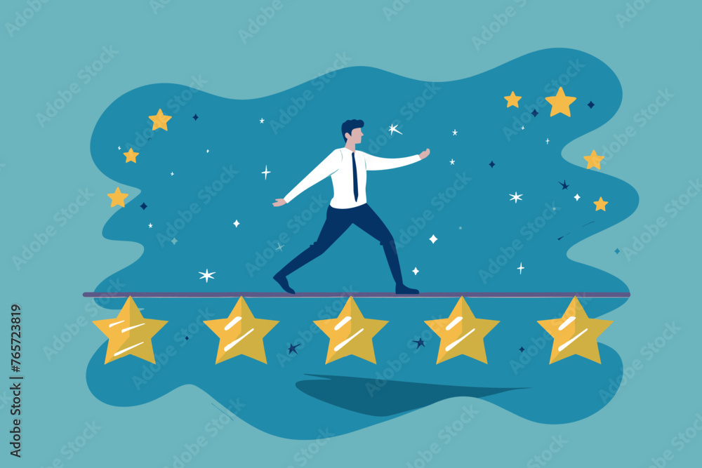 Businessman balancing on five star rating, employee performance review evaluation, excellent feedback and success opinion, annual appraisal assessment for work efficiency and achievement concept.