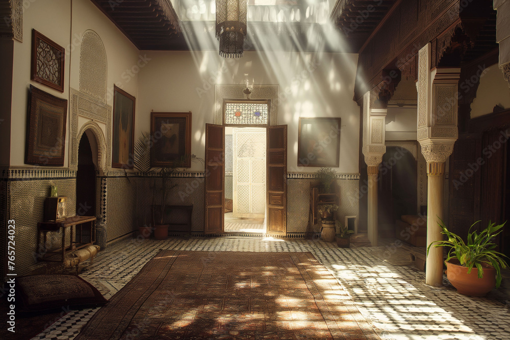 Fototapeta premium A two-floor modern Arab Moroccan Riad House with mosaik walls and floor, sofas / the typical furniture in North Africa, Morocco, Fes, Marrakesh, Casablanca