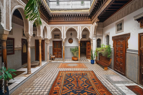 A two-floor modern Arab Moroccan Riad House with mosaik walls and floor, sofas / the typical furniture in North Africa, Morocco, Fes, Marrakesh, Casablanca