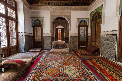 A two-floor modern Arab Moroccan Riad House with mosaik walls and floor, sofas / the typical furniture in North Africa, Morocco, Fes, Marrakesh, Casablanca