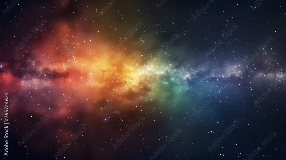 Abstract space background of nebula and stars with horizontal rainbow colors, night sky and colorful milky way