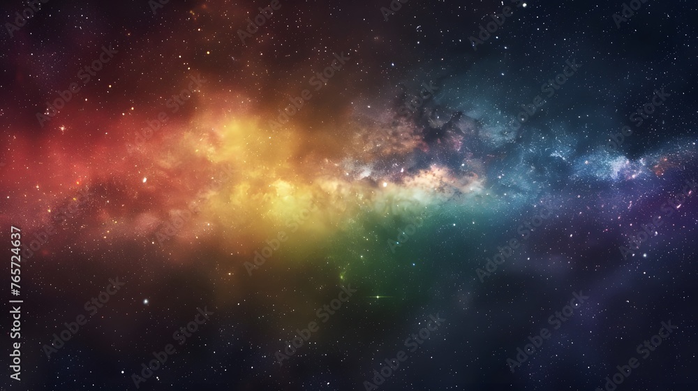 Vivid space background showcasing nebula and stars with horizontal rainbow colors, night sky and colorful milky way