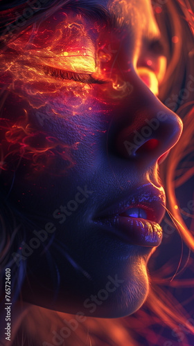 Fiery abstract face art in red hues: close-up portrait of a person with glowing, abstract fiery effects on the skin, exuding a dramatic atmosphere
