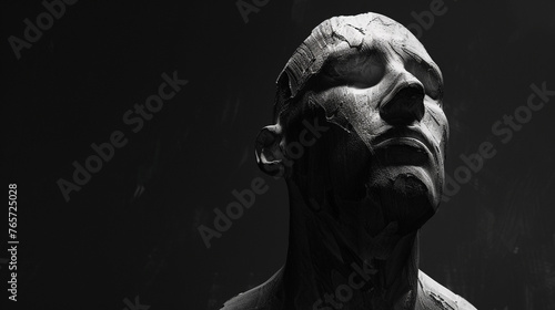 Cinematic head-to-image of an amorphic human form on a black background. High contrast black and white.  photo