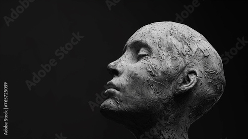 Cinematic head-to-image of an amorphic human form on a black background. High contrast black and white.  photo