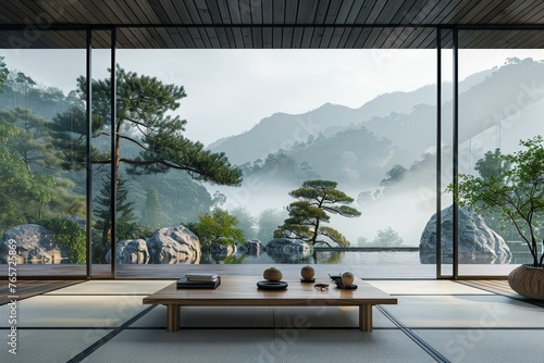 Zen garden view from a minimalist study, tranquility indoors © Seksan