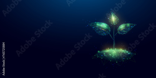 Plant sprout. Growing plant in low poly wireframe style. Abstract modern 3d vector illustration on dark blue background.