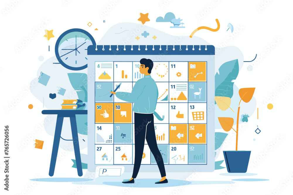 Businessman planning events and schedule, calendar and agenda organizer concept, vector illustration.
