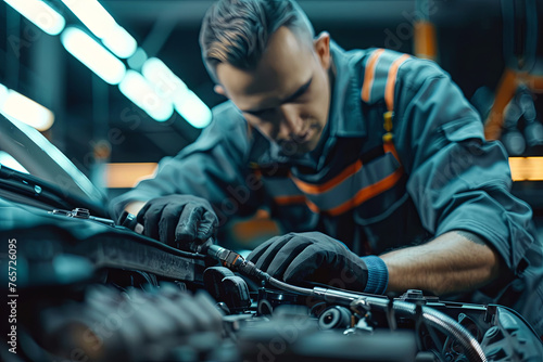 Automotive mechanic job. Caucasian auto service worker performing vehicle maintenance