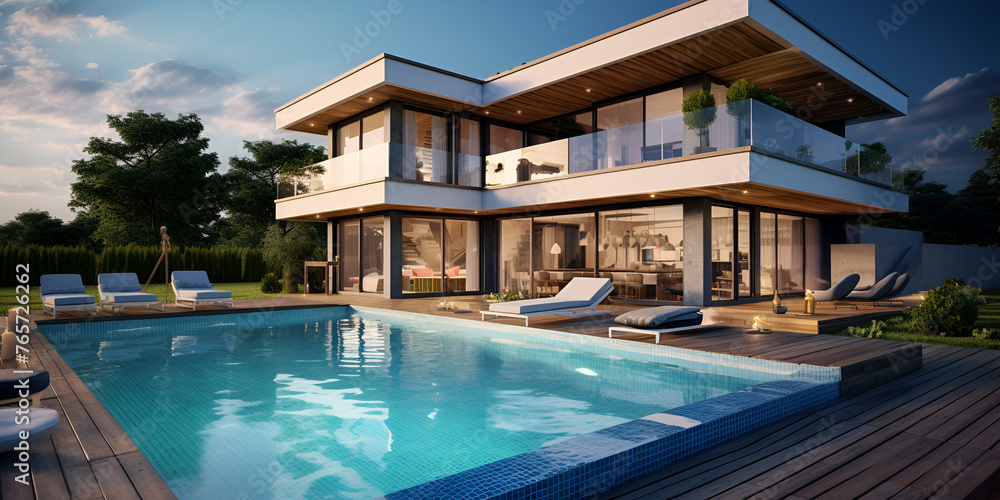 Villa Azul, Modern rectangular multistorey villa with swimming pool, Modern luxury home with swimming pool, The pool and pool area of this home are designed by architect, Generative AI