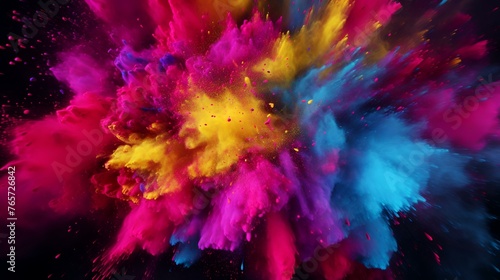 3d illustration of colorful explosion of particles in space. Abstract background