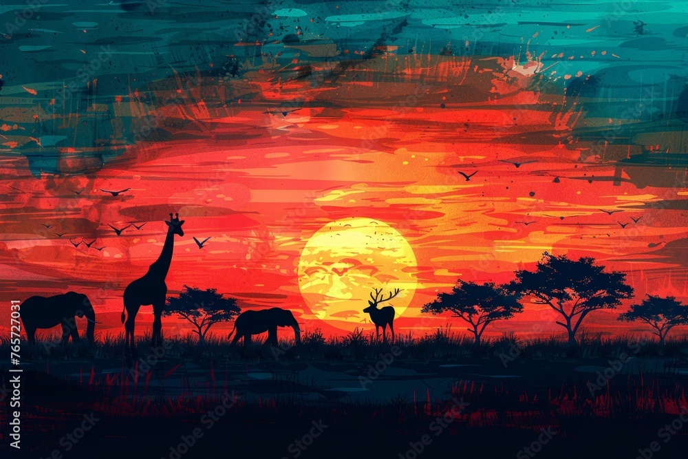 Naklejka premium Silhouetted safari animals, sunset colors, abstract horizon