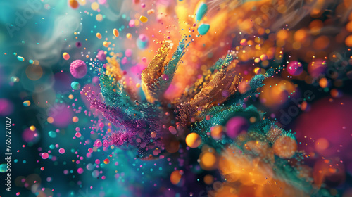 A cascade of vividly colored particles forming intricate structures in a mesmerizing abstract fluid background.