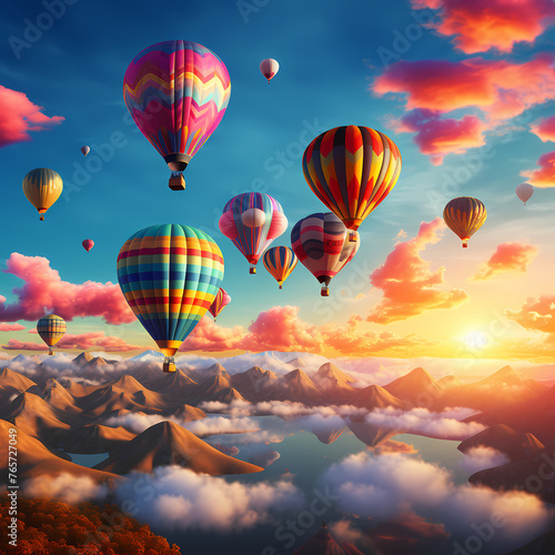 Colorful hot air balloons against a sunrise sky. 