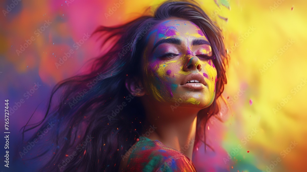 Portrait of a beautiful young woman with multicolored paint on her face