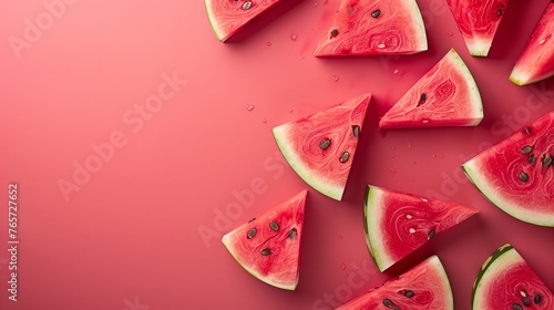 Horizontal banner with pieces of watermelon on a pink background. Watermelon background top view with copy space. © Ekaterina Chemakina