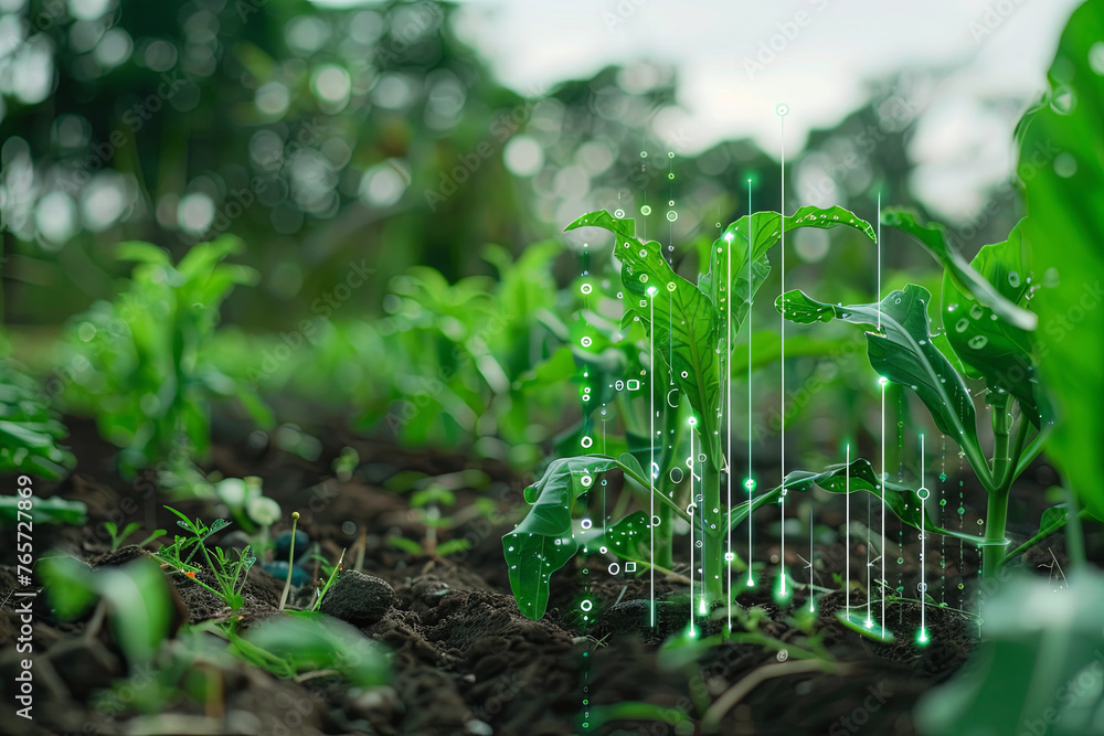 Concept of smart agriculture, farmer or agronomist using artificial intelligence and augmented reality in farm to aid growth systems, conserve water