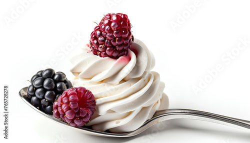 raspberry with whipped cream on a spoon isolated on white background