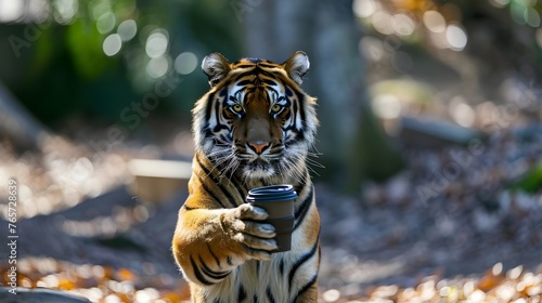 A tiger drinking coffee from an elegant cup,