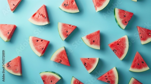 Horizontal banner with pieces of watermelon on a blue background. Watermelon background top view.