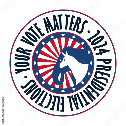 2024 Presidential vector template conceptual badge with donkey and elephant, democrats and republicans symbols. Isolated objects over white background