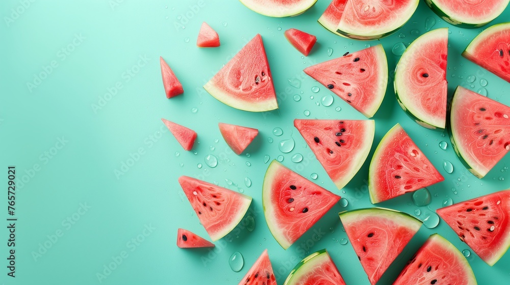 Horizontal banner with pieces of watermelon on a blue background. Watermelon background top view with copy space. Horizontal banner with pieces of watermelon on a blue background. Watermelon background top view with copy space.