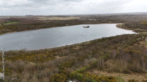 Aerial view of a lake surrounded by leafless trees