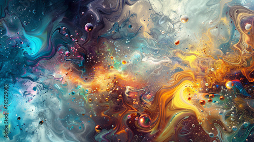 A galaxy of microscopic entities interacting harmoniously in a stunning abstract fluid background.