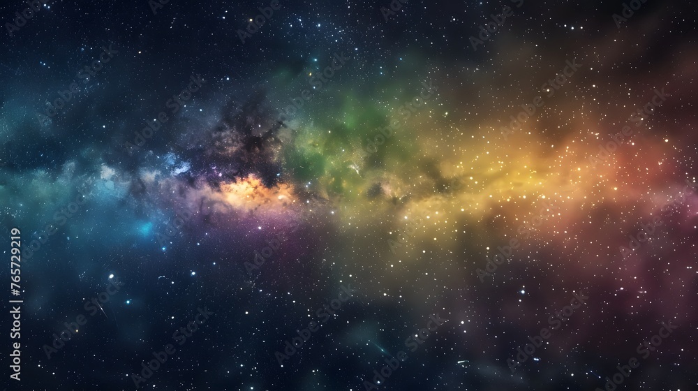 Vivid space scene with nebula and stars displaying horizontal rainbow hues, night sky and vibrant milky way - obrazy, fototapety, plakaty 
