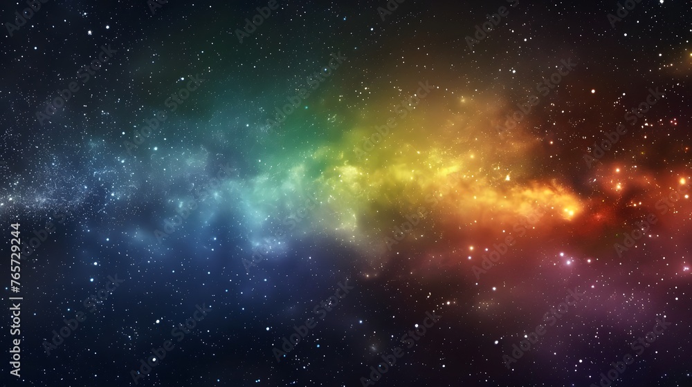 Dynamic space backdrop featuring nebula and stars with horizontal rainbow hues, night sky and vibrant milky way