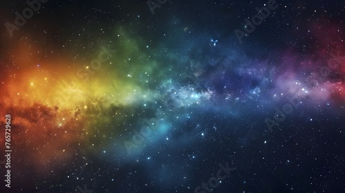 Dynamic space backdrop of nebula and stars with horizontal rainbow colors, night sky and vibrant milky way