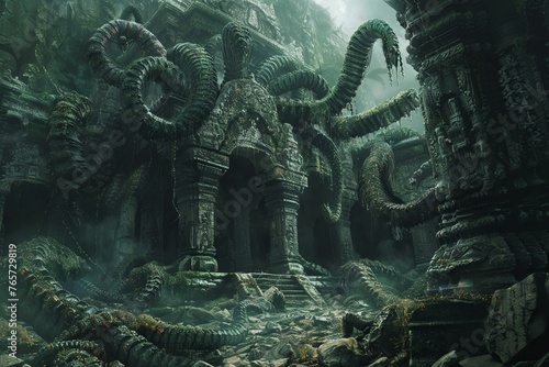 Gigantic centipedes encircling a forgotten temple, a living labyrinth
