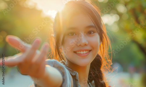 Girl teen smiling and reach her hand. Help Touch Care Support be a Good Friend with Love concept 