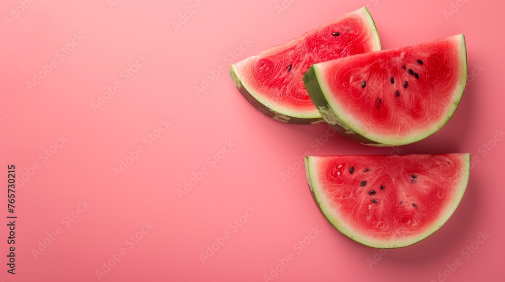 Horizontal banner with pieces of watermelon on a pink background. Watermelon background top view with copy space. Horizontal banner with pieces of watermelon on a pink background. Watermelon background top view with copy space.