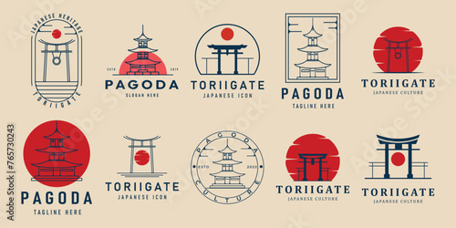 set torii gate logo of japan temple, pagoda logo vector illustration design graphic template