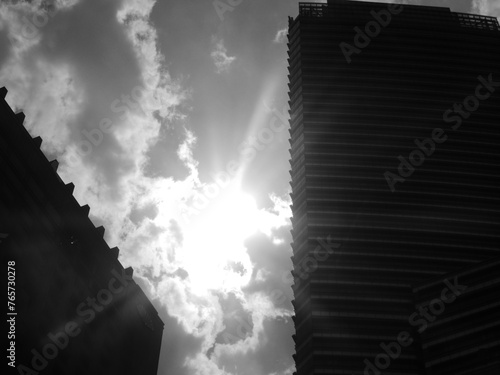 Black and white photograph of a modern building