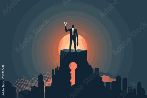 Businessman with key unlocking success, problem solving and opportunity concept, vector illustration.