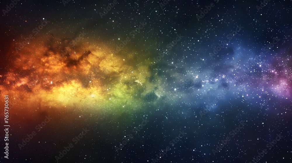 Vivid space scene with nebula and stars displaying horizontal rainbow colors, colorful milky way galaxy background