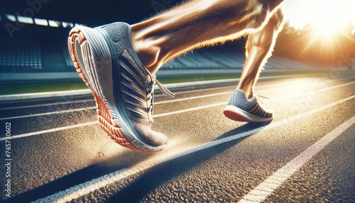 close up of a runner on a Running track in a stadium  photo