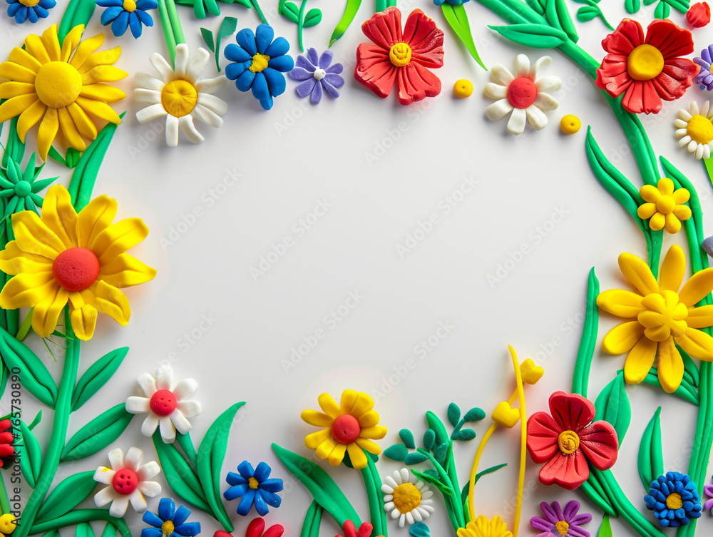A frame made of plasticine and there is an empty space in the middle, decorated with flowers and plants design in the style of children's drawings.