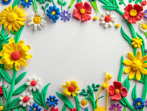 A frame made of plasticine and there is an empty space in the middle  decorated with flowers and plants design in the style of children s drawings.