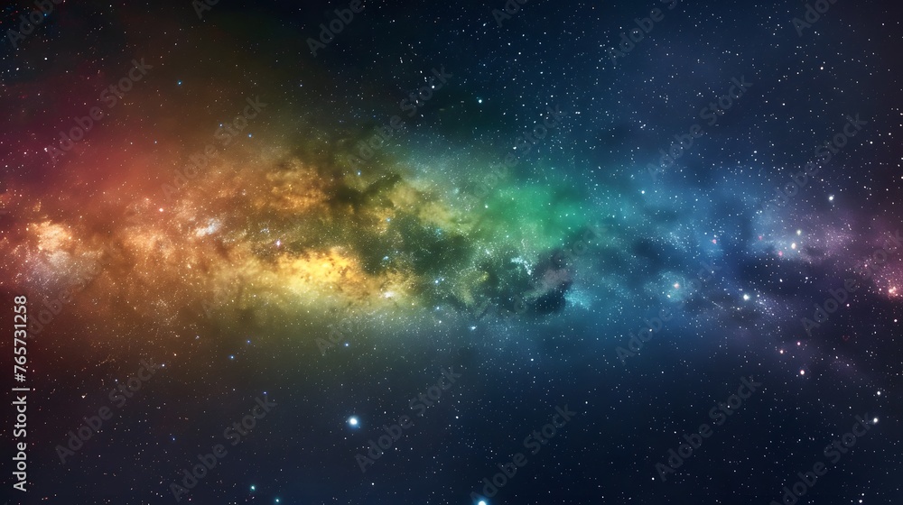 Vivid space scene with horizontal rainbow colors, vibrant nebula and stars, colorful milky way galaxy background