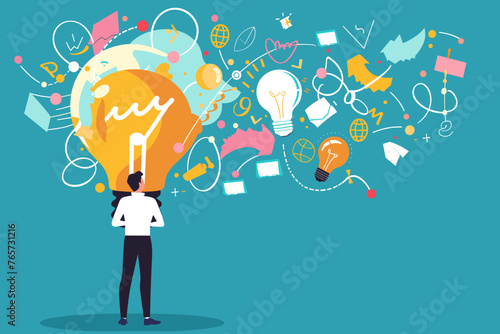 Businessman with lightbulb idea, creative thinking and innovation concept, vector illustration.