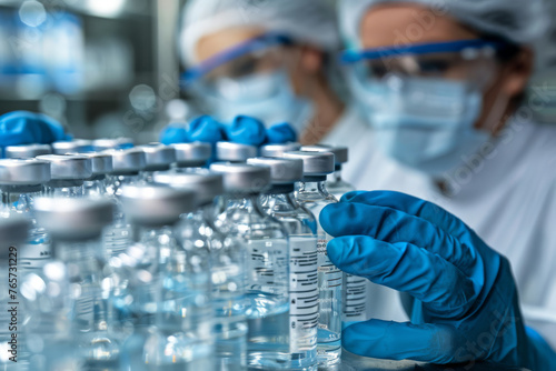 Obraz na płótnie Medical Gloves Handling Test Tube Vials in Laboratory, Vaccine, Scientist - Generative AI w salonie