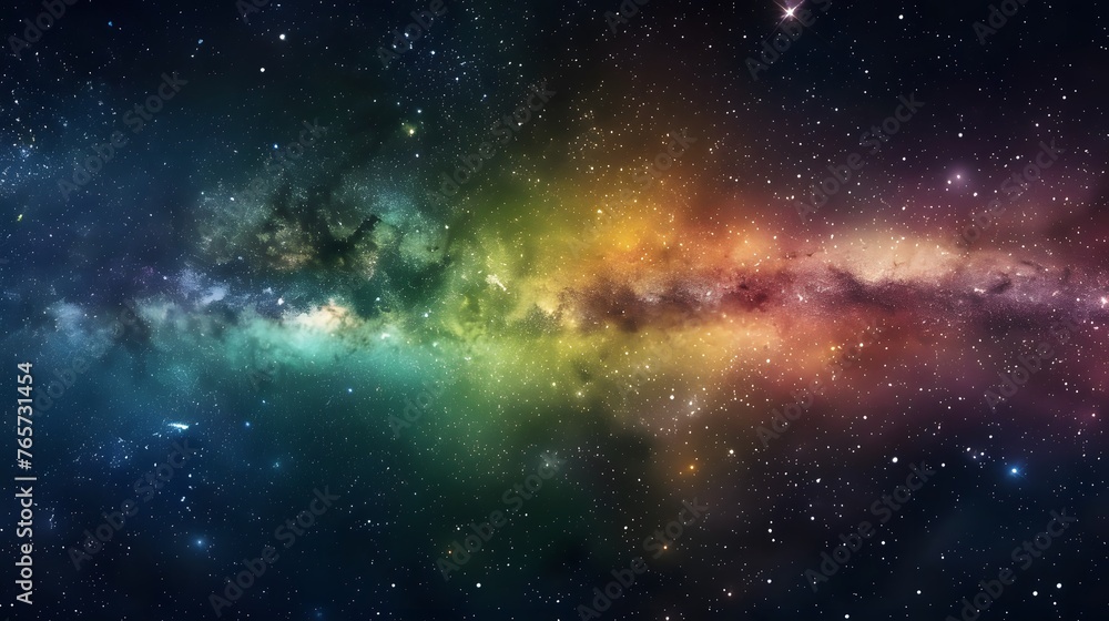 Vivid space scene with vibrant nebula and stars, horizontal rainbow colors, colorful milky way galaxy background