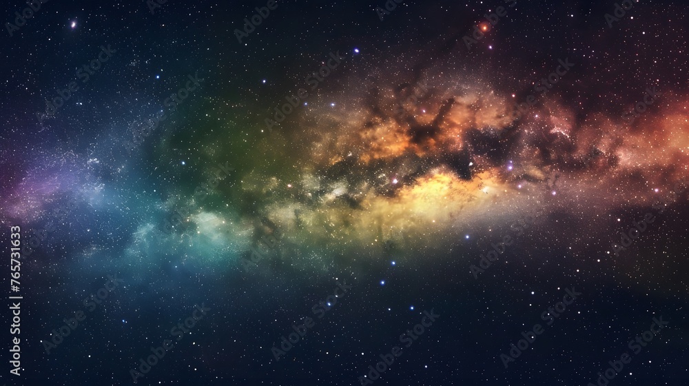 Vibrant space background displaying nebula and stars with rainbow hues, colorful milky way galaxy backdrop