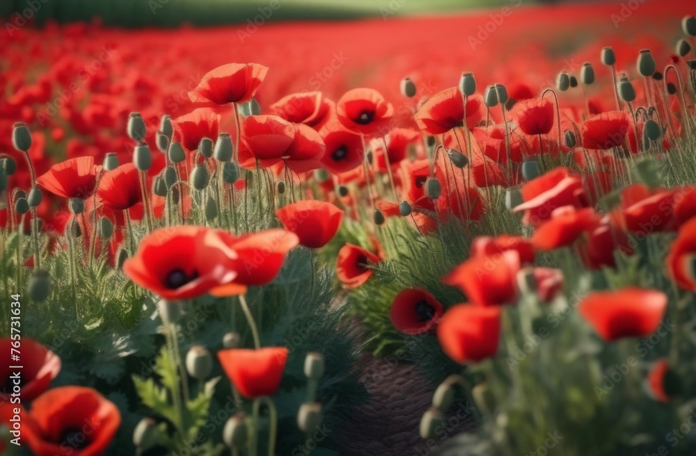 Fototapeta premium Sunset over poppy field on countryside. Selective focus.