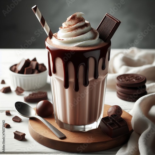Chocolate smoothie in jars for healthy breakfast, Chocolate milkshake closeup with ice cream and choco pieces. 