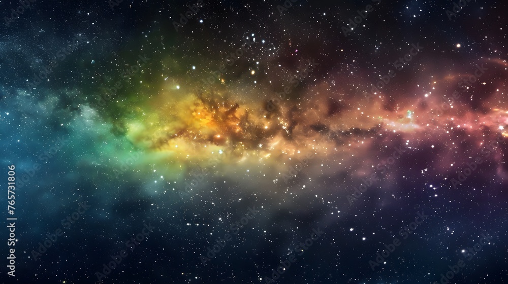Vivid space scene with vibrant nebula and stars, horizontal rainbow colors, colorful milky way galaxy backdrop