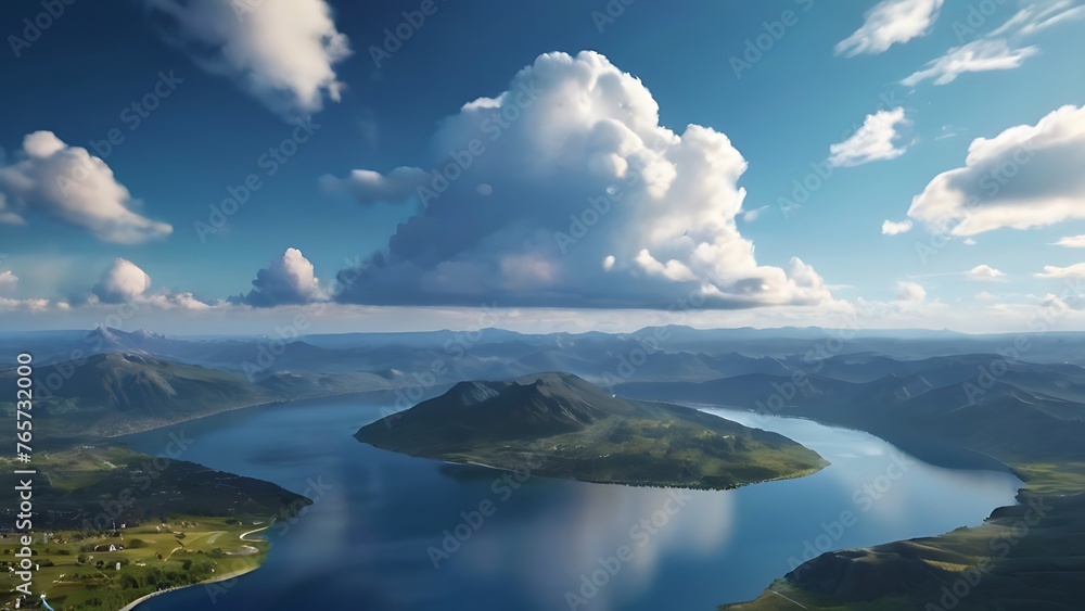 Fototapeta premium Lake under Summer Sky with Clouds Reflection, background landscape